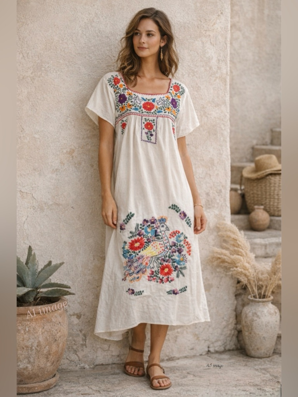 Vintage Mexican Huipil Dress Hand Embroidered Peacock Folk Art Manta Cotton S M